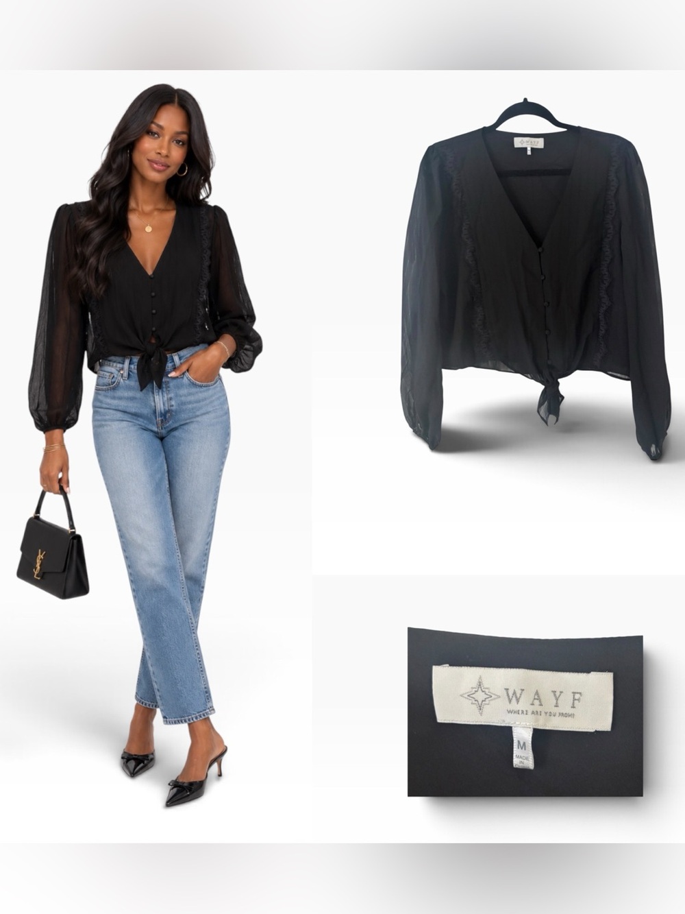 Wayf Lace Trim Knotted Long Sleeve Blouse